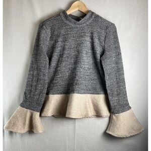 THML Women's M Sweater Gray Beige Colorblock Ruffle Hem Bell Sleeve Knit Top